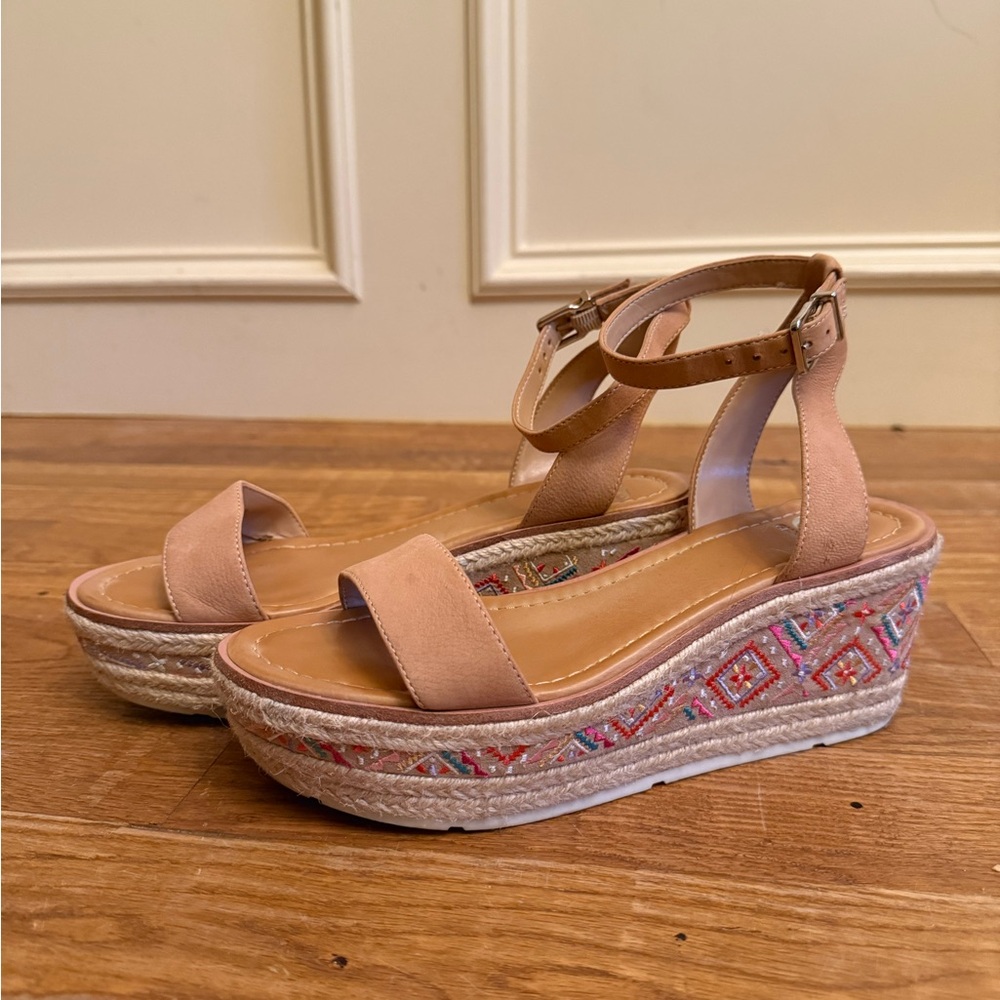 Tan Espadrille Platform Shoes with Embroidered Design + Ankle Strap